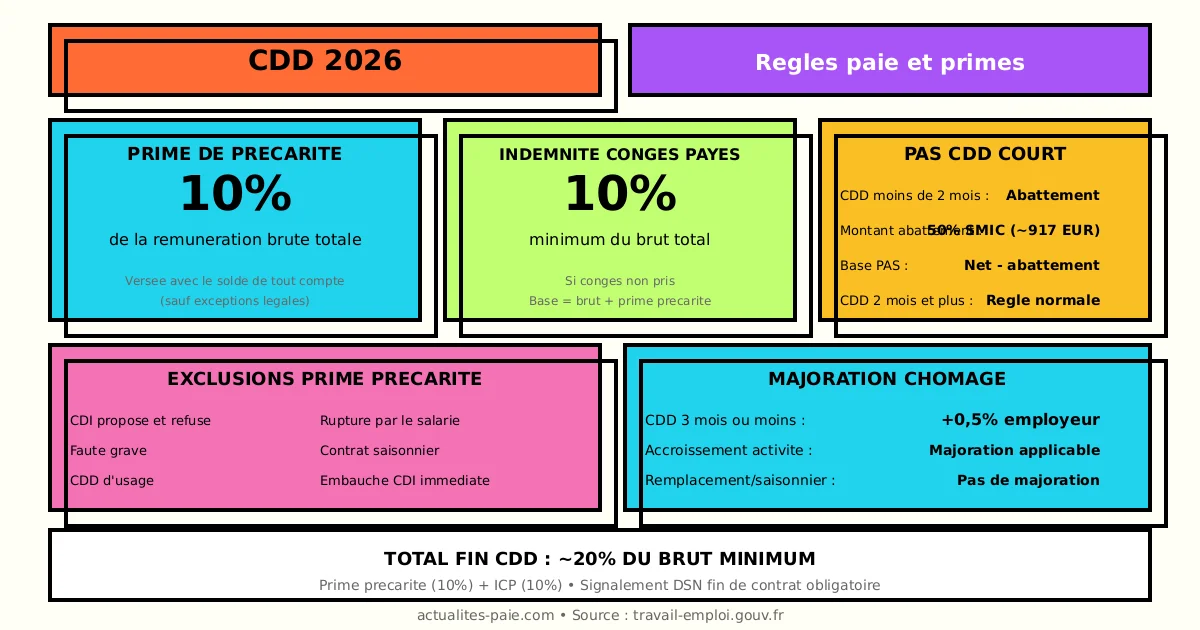 CDD 2026 règles paie primes précarité