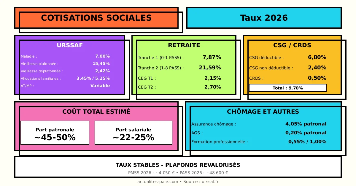 Cotisations sociales 2026 taux complets URSSAF