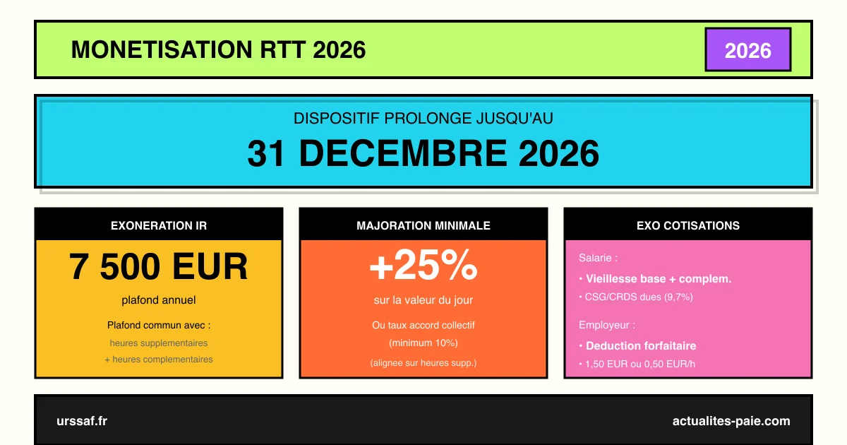 Monétisation RTT 2026 : dispositif prolongé et exonération 7500€